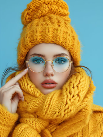 Fashion portrait of young beautiful woman in yellow knitted hat and glasses.の素材