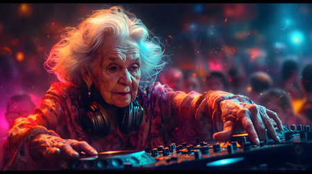 Elderly woman dj playing music on a dj's deck.の素材