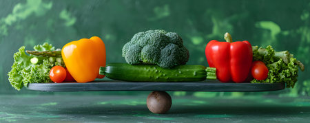 Vegetables on a wooden board on a green background. Concept of healthy eating.の素材