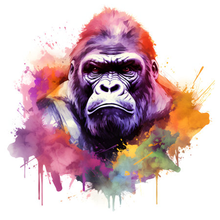 Gorilla portrait with colorful splashes on white background. Vector illustration.の素材