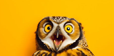 Owl with open mouth on orange background. Close-up.の素材