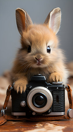 Adorable little bunny with camera on grey background, studio shot.の素材
