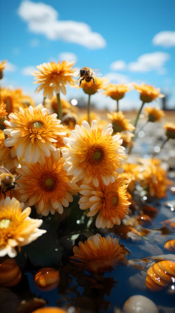 Yellow gerbera flowers in the water with a bee on itの素材