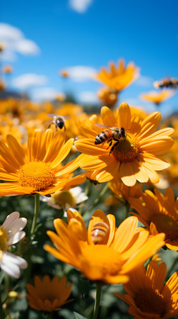 Bee on yellow daisies with blue sky in the background.の素材