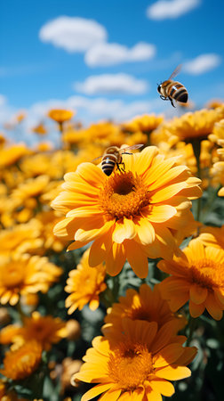 Bee on yellow daisy flowers in the garden with blue sky backgroundの素材