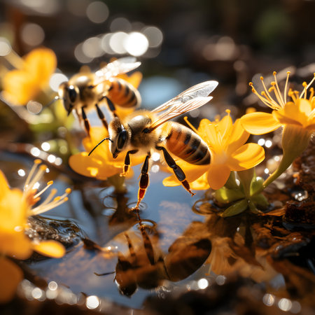 Honey bee collecting nectar and pollen from yellow flowers. Macro.の素材