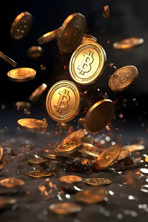 Gold coins falling and splashing on black background. Cryptocurrency conceptの素材