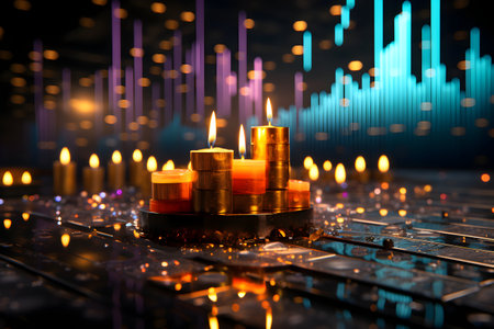 Candles on the background of a computer circuit board close up.の素材
