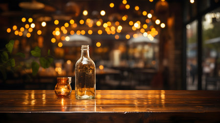 Bottle of whiskey on wooden table in pub or restaurant background.の素材