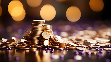 Coins stack on blur bokeh background, business and financial conceptの素材