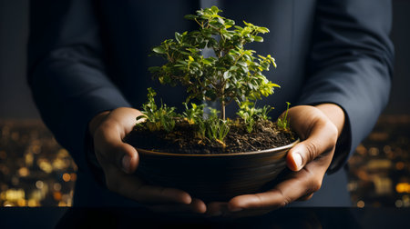 Close up of businesswoman holding plant in pot with city at backgroundの素材