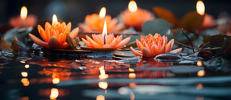 Beautiful lotus floating on the water with candles and leaves.の素材