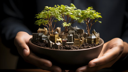 Miniature city in a pot in the hands of a man.の素材