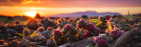 Cannabis flowers in the field with mountains in background at sunsetの素材