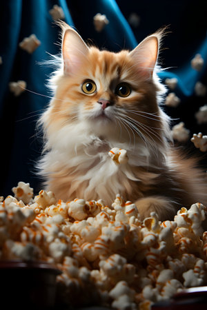 Cute ginger cat with popcorn on dark background. Fluffy petの素材