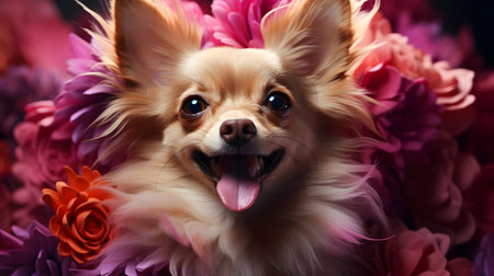 Cute chihuahua dog on flowers background, closeupの素材