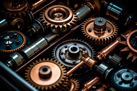 Mechanical gear wheels, cogwheels and bearings. Industrial backgroundの素材