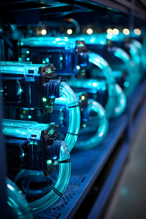 Close-up of a network server with blue led lights. Selective focus.の素材