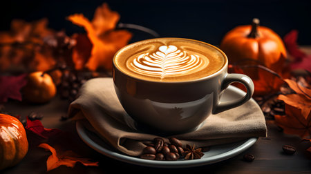 A cup of coffee latte art with autumn leaves and pumpkinsの素材