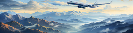 Airplane flying in the clouds. Panoramic view of mountains.の素材