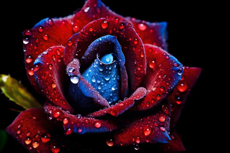 Beautiful dark red rose with dew drops on black background.の素材