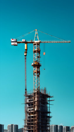 Crane and building under construction with blue sky background, Moscow, Russiaの素材