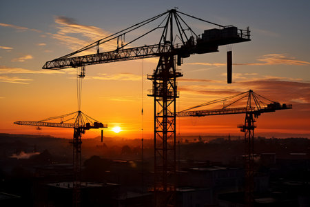 Silhouette of a construction site with cranes against the setting sunの素材