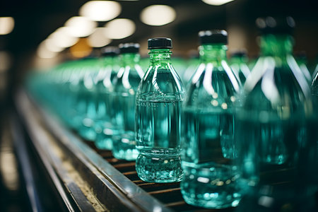 Bottles of mineral water on conveyor belt in factory, closeupの素材