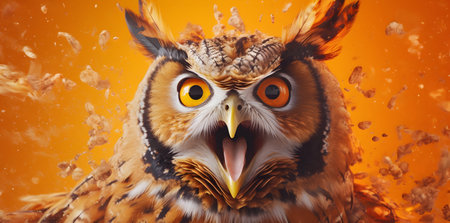 Owl with big eyes on a orange background. 3d renderingの素材