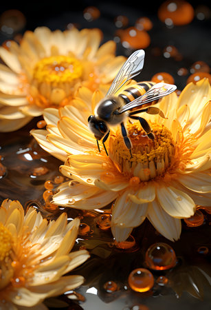 Bee on yellow flower with drops of water on dark background, closeupの素材
