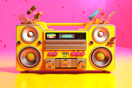 3d illustration of retro boombox in yellow and pink backgroundの素材
