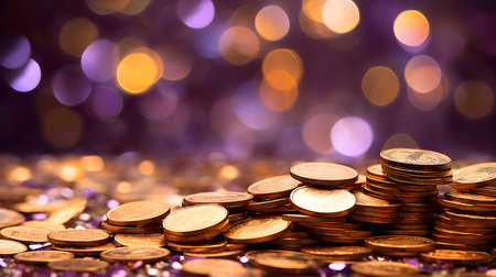 golden coins on bokeh background, business and finance conceptの素材