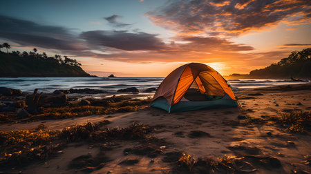 Camping tent on the beach at sunset. Beautiful tropical landscape.の素材