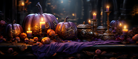 Halloween still life with pumpkins, candles and autumn leaves.の素材