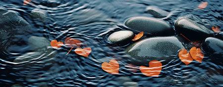 Fallen leaves on black stones in the water. Beautiful autumn background.の素材