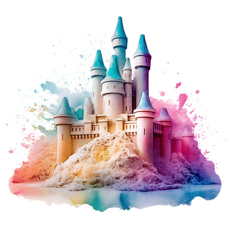 Watercolor illustration of a beautiful fairy tale castle on a white backgroundの素材