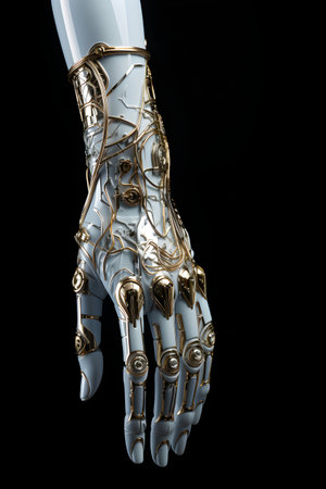 3d render of a robot hand with golden metal wire on black backgroundの素材