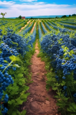 Rows of blue grapes growing in a vineyard in the Netherlandsの素材