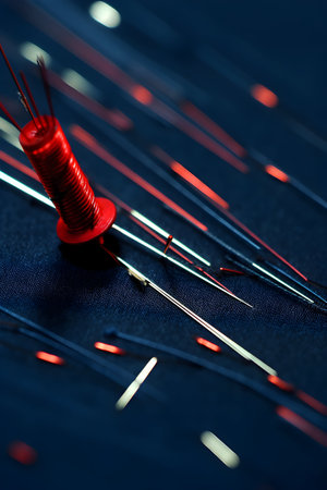 Red sewing needle on a dark blue background. Close-up.の素材