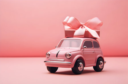 Retro car with gift box on pink background. Valentine's day concept.の素材