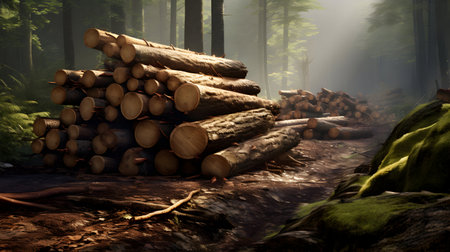pile of wood in the forest with foggy background, 3d renderの素材