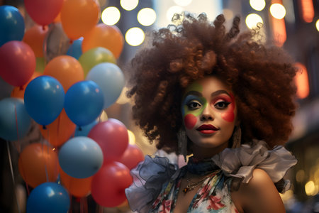 Portrait of a beautiful afro-american woman with bright make-up and curly hair.の素材