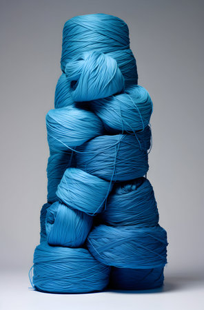 Pile of blue skeins of yarn for knitting on gray backgroundの素材