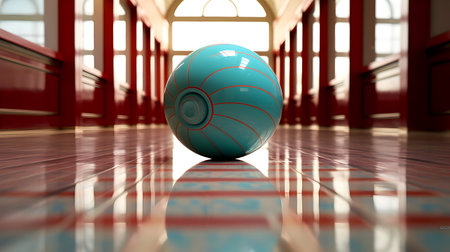 3d rendering of a fitness ball in a hall with red tilesの素材