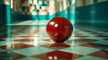 3d rendering of a red ball on the floor in a corridorの素材
