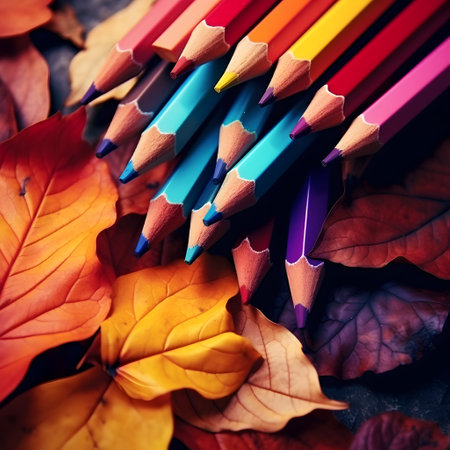 Colorful pencils on autumn leaves background. Back to school.の素材