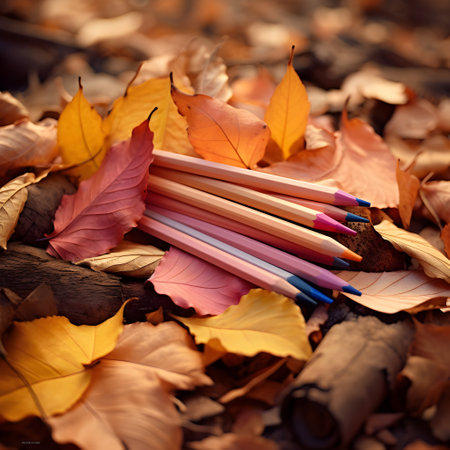 Colored pencils on autumn leaves background. Autumn concept. Back to school.の素材