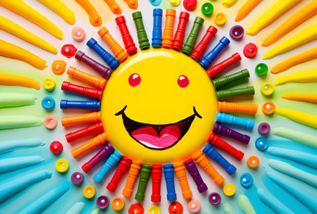 Smiley face with colorful clothespins and buttons on rainbow background.の素材