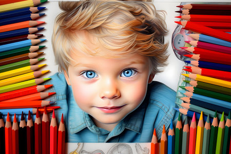 3d portrait of a cute little boy with colorful pencils.の素材