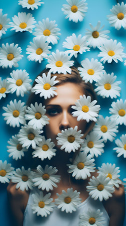 young pretty woman with daisy flowers on blue background, lifestyle people conceptの素材